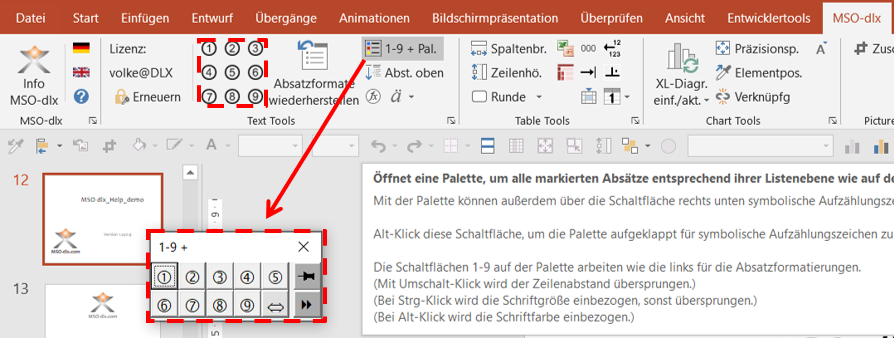 Palette für Absatzvorlagen und symbolische Aufzählungszeichen